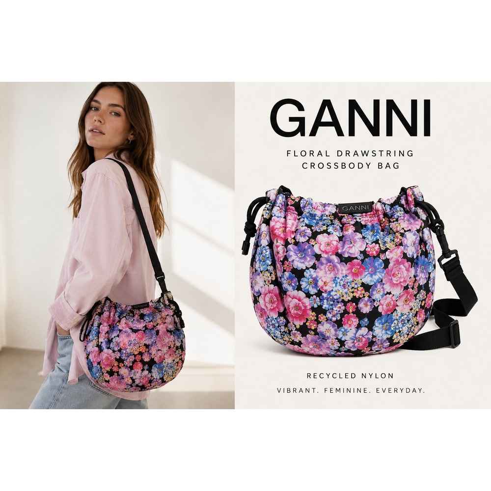 GANNI Floral Recycled Nylon Drawstring‎ Crossbody Bucket Bag Pink Black